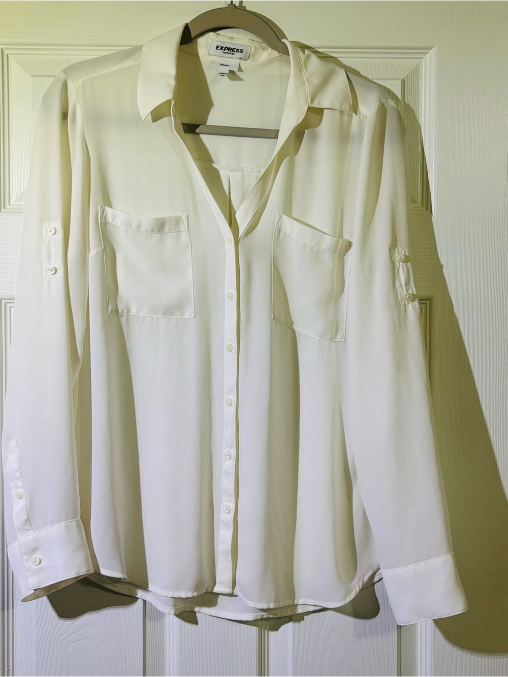 Express White Button-Down Pocket Blouse